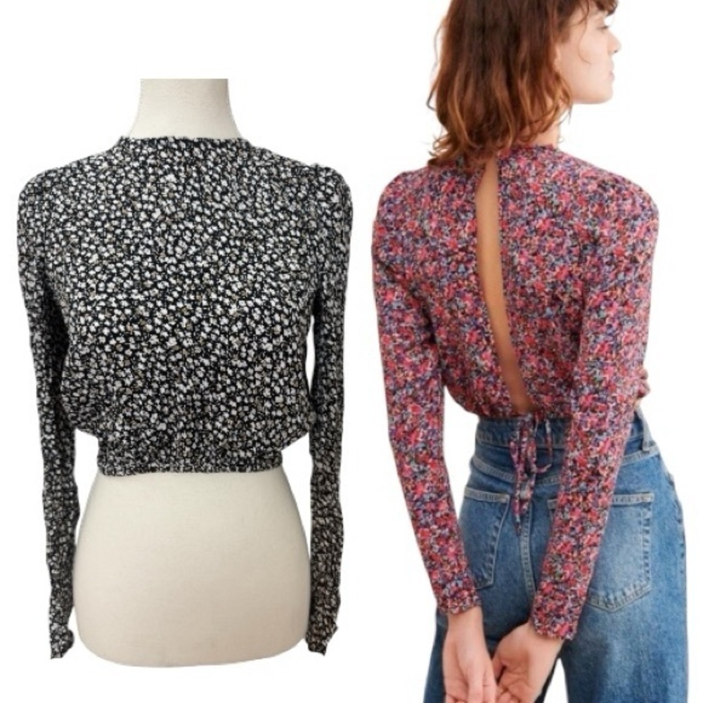 AFRM Ditsy Floral Print Open Back Crop Blouse Medium